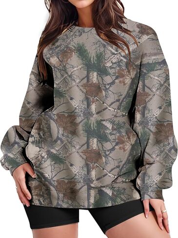 MISSACTIVER Womens Camo Sweatshirt Long Sleeve Crewneck Oversized Hoodies Camouflage Maple Leaf Print Fleece Pullover Tops in Saudi Arabia