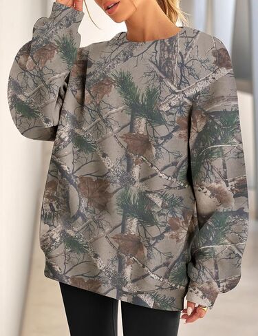 MISSACTIVER Womens Camo Sweatshirt Long Sleeve Crewneck Oversized Hoodies Camouflage Maple Leaf Print Fleece Pullover Tops in Saudi Arabia