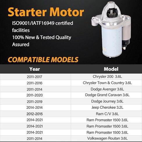 19616 استبدال بداية جديدة متوافقة مع 3.6L V6 Chrysler 200 Town & Country Dodge Avenger Journey Ram C/V Promaster 1500 2500 3500 1.3kw 12v 10t CW يستبدل 4801839AB 04801839AC in Saudi Arabia