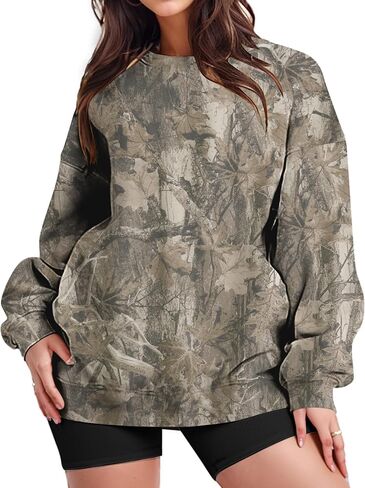 MISSACTIVER Womens Camo Sweatshirt Long Sleeve Crewneck Oversized Hoodies Camouflage Maple Leaf Print Fleece Pullover Tops in Saudi Arabia