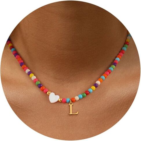 Colorful Beaded Dainty Initial Necklaces for Women Cute Choker Letter Necklace for Women Trendy Personalized Gold Monogram Pendant with Heart Necklaces for Women Jewelry Charm Gifts in Saudi Arabia