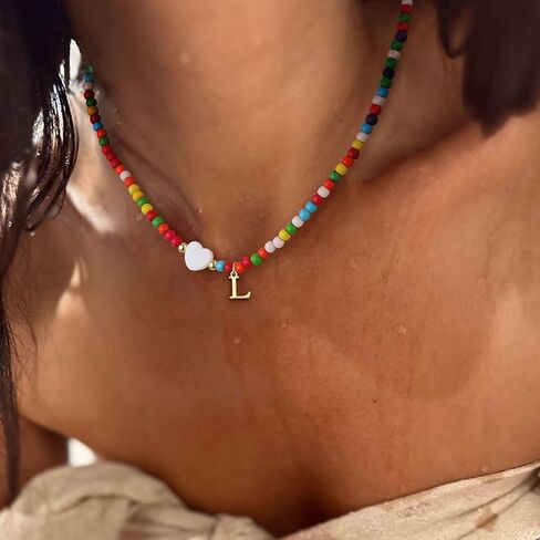 Colorful Beaded Dainty Initial Necklaces for Women Cute Choker Letter Necklace for Women Trendy Personalized Gold Monogram Pendant with Heart Necklaces for Women Jewelry Charm Gifts in Saudi Arabia