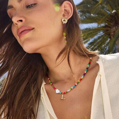 Colorful Beaded Dainty Initial Necklaces for Women Cute Choker Letter Necklace for Women Trendy Personalized Gold Monogram Pendant with Heart Necklaces for Women Jewelry Charm Gifts in Saudi Arabia