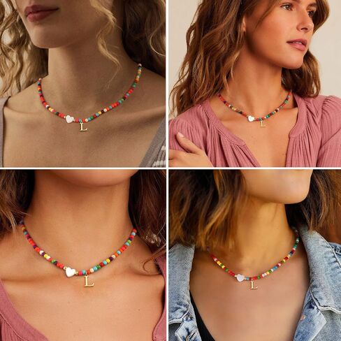 Colorful Beaded Dainty Initial Necklaces for Women Cute Choker Letter Necklace for Women Trendy Personalized Gold Monogram Pendant with Heart Necklaces for Women Jewelry Charm Gifts in Saudi Arabia