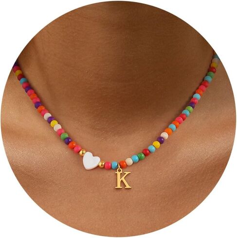 Colorful Beaded Dainty Initial Necklaces for Women Cute Choker Letter Necklace for Women Trendy Personalized Gold Monogram Pendant with Heart Necklaces for Women Jewelry Charm Gifts in Saudi Arabia