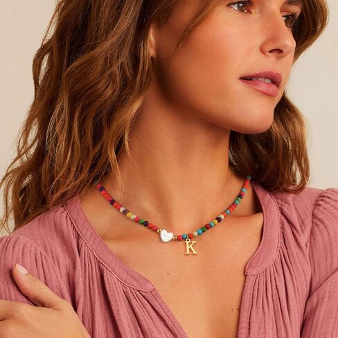 Colorful Beaded Dainty Initial Necklaces for Women Cute Choker Letter Necklace for Women Trendy Personalized Gold Monogram Pendant with Heart Necklaces for Women Jewelry Charm Gifts in Saudi Arabia