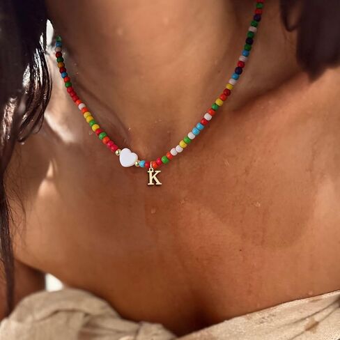 Colorful Beaded Dainty Initial Necklaces for Women Cute Choker Letter Necklace for Women Trendy Personalized Gold Monogram Pendant with Heart Necklaces for Women Jewelry Charm Gifts in Saudi Arabia