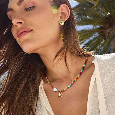 Colorful Beaded Dainty Initial Necklaces for Women Cute Choker Letter Necklace for Women Trendy Personalized Gold Monogram Pendant with Heart Necklaces for Women Jewelry Charm Gifts in Saudi Arabia