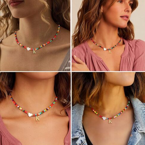 Colorful Beaded Dainty Initial Necklaces for Women Cute Choker Letter Necklace for Women Trendy Personalized Gold Monogram Pendant with Heart Necklaces for Women Jewelry Charm Gifts in Saudi Arabia