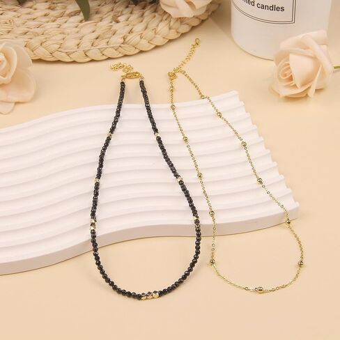 Beaded Necklaces for Women - 3mm Handmade Natural Stone Choker Healing Crystal Necklace Layered Gold Necklaces for Women Dainty Necklace Jewelry Gifts in Kuwait