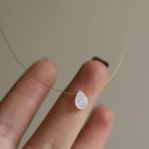 Dainty Tiny Moonstone Teardrop Natural Stone Floating Necklace Invisible Transparent Chain Choker Gift for Female in Saudi Arabia