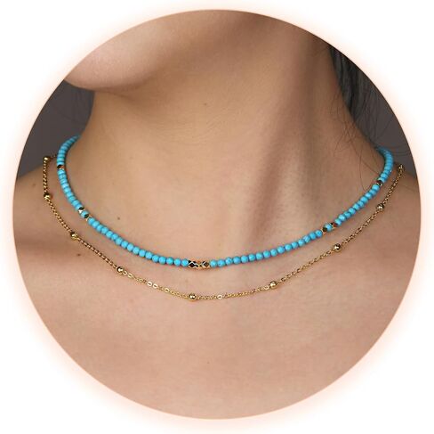 Beaded Necklaces for Women - 3mm Handmade Natural Stone Choker Healing Crystal Necklace Layered Gold Necklaces for Women Dainty Necklace Jewelry Gifts in Kuwait