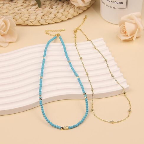 Beaded Necklaces for Women - 3mm Handmade Natural Stone Choker Healing Crystal Necklace Layered Gold Necklaces for Women Dainty Necklace Jewelry Gifts in Kuwait