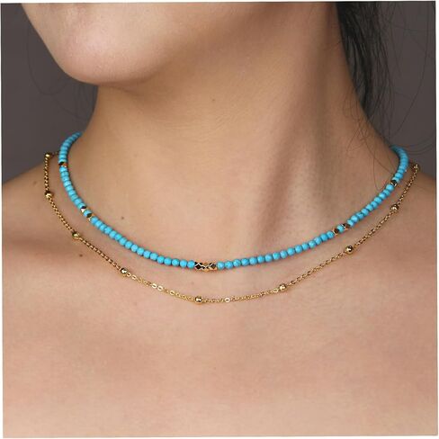 Beaded Necklaces for Women - 3mm Handmade Natural Stone Choker Healing Crystal Necklace Layered Gold Necklaces for Women Dainty Necklace Jewelry Gifts in Kuwait