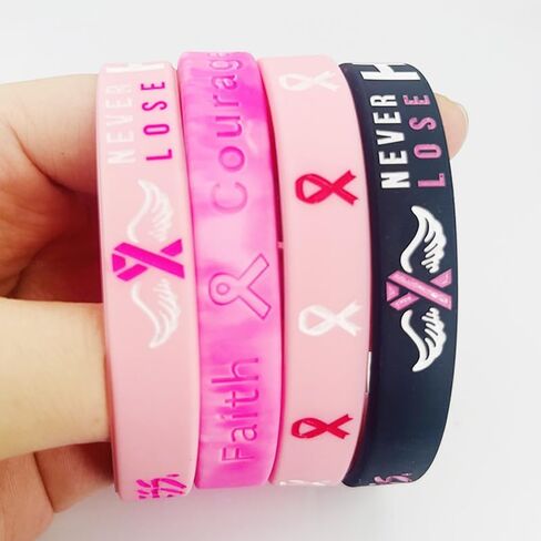 4/8Pcs Breast Cancer Awareness Bracelets for Women Men Pink Ribbon Silicone Rubber Wristbands Hope Faith Strength Courage Inspiring Bracelets for Cancer Survivors Recovery Support Jewelry Gifts in Saudi Arabia