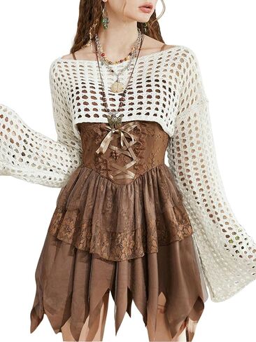 SHENHE Women's Hollow Out Knitted Pullover Sweater Crochet Cropped Sweater Top Long Sleeve Casual Cover Up Top in Saudi Arabia