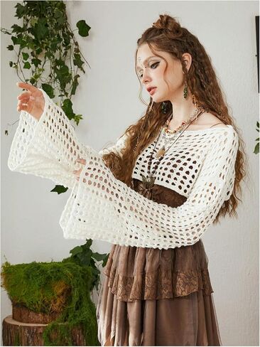 SHENHE Women's Hollow Out Knitted Pullover Sweater Crochet Cropped Sweater Top Long Sleeve Casual Cover Up Top in Saudi Arabia