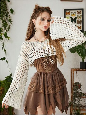 SHENHE Women's Hollow Out Knitted Pullover Sweater Crochet Cropped Sweater Top Long Sleeve Casual Cover Up Top in Saudi Arabia
