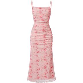 Wdirara Girl's Floral Print Square Neck Mesh Alcyfeless Ruched Cami Dress Party Bodycon Dresses in Saudi Arabia