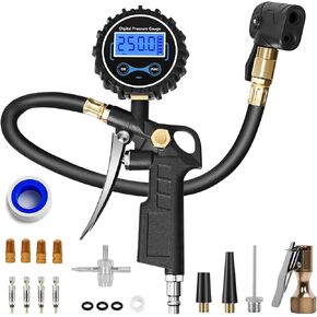 Digital Tire Pressure Gauge with Inflator, 250 PSI Heavy Duty Air Chuck Air Compressor Attachments, Improved Leaks Protection & Extended Hose Tire Gauge, 0.1 Display Resolution, with Carrying Case in Saudi Arabia