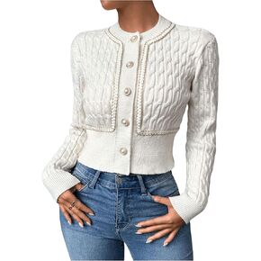 MakeMeChic Women's Button Down Cropped Cardigan Beaded Slim Fit Cable Knit Sweaters Outwear in Kuwait