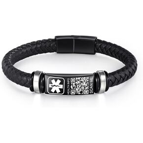 Upgraded Men's Medical Alert ID Bracelets - 7''-8'' Vintage Woven Leather Wristband With QR Code & Stainless Steel Buckle - More Space for Emergency Info in Saudi Arabia