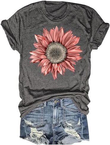 Womens Cute Flower Tshirt Sunflower Graphic Tees Crew Neck Summer Short Sleeve Loose Fit Tops in Saudi Arabia