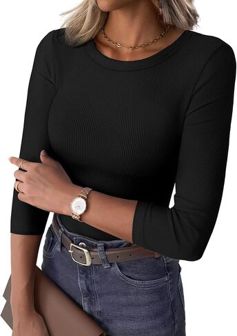 نساء 3/4 قمم الأكمام مضلعة متماسكة قليلة القمصان الضيقة الضيقة Crewneck tee theirt 2025 الخريف ملابس غير رسمية in Saudi Arabia