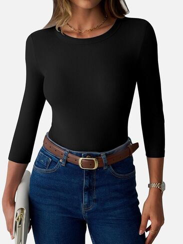 نساء 3/4 قمم الأكمام مضلعة متماسكة قليلة القمصان الضيقة الضيقة Crewneck tee theirt 2025 الخريف ملابس غير رسمية in Saudi Arabia