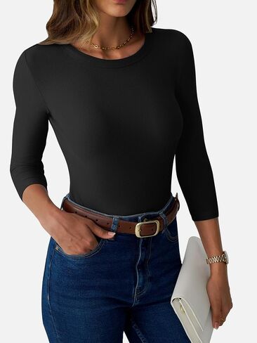 نساء 3/4 قمم الأكمام مضلعة متماسكة قليلة القمصان الضيقة الضيقة Crewneck tee theirt 2025 الخريف ملابس غير رسمية in Saudi Arabia