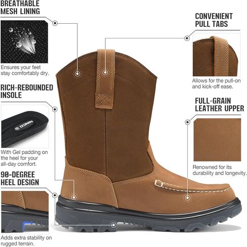 NINGO Steel Toe Work Boots for Men, Waterproof Wellington Mens Boots with Full Grain Leather, Slip Resistant and Puncture Proof, Pull-On Work Shoes for Construction, Industrial and Farming in Kuwait