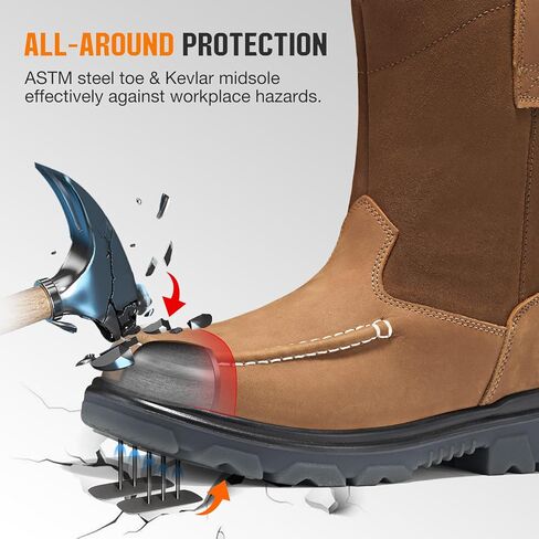 NINGO Steel Toe Work Boots for Men, Waterproof Wellington Mens Boots with Full Grain Leather, Slip Resistant and Puncture Proof, Pull-On Work Shoes for Construction, Industrial and Farming in Kuwait