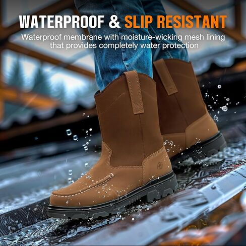 NINGO Steel Toe Work Boots for Men, Waterproof Wellington Mens Boots with Full Grain Leather, Slip Resistant and Puncture Proof, Pull-On Work Shoes for Construction, Industrial and Farming in Kuwait