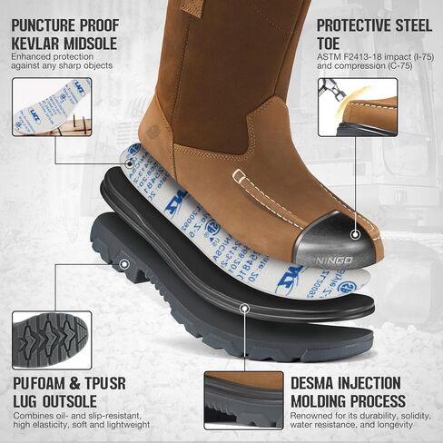 NINGO Steel Toe Work Boots for Men, Waterproof Wellington Mens Boots with Full Grain Leather, Slip Resistant and Puncture Proof, Pull-On Work Shoes for Construction, Industrial and Farming in Kuwait