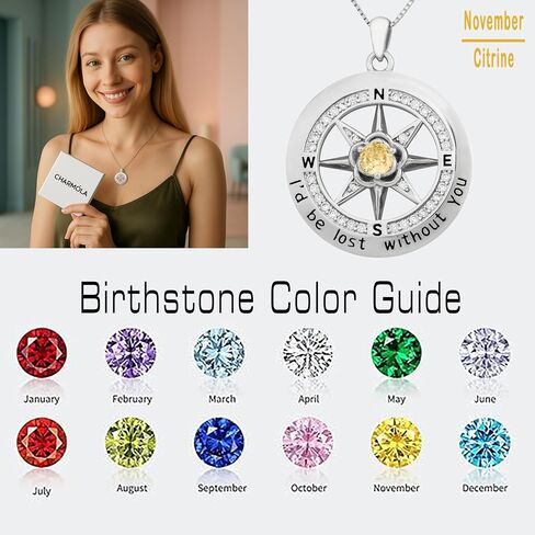 Compass Necklace for Women, Wife Anniversary Pendant, Sterling Silver 925 Birthstone Jewelry, Mothers Day Necklace, Girlfriend Birthday Gifts for Her Valentines in Saudi Arabia