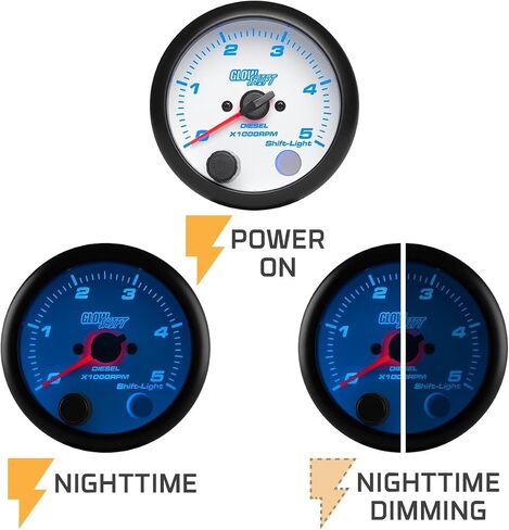 Glowshift White 7 Color 5000 دورة في الدقيقة مقياس الدوامات - ل 4 ، 6 ، 8 أسطوانات محركات ديزل - ضوء التحول المدمج على لوحة القيادة - الاتصال الهاتفي الأبيض - عدسة صافية - 3-3/4 "95 ملم in Saudi Arabia