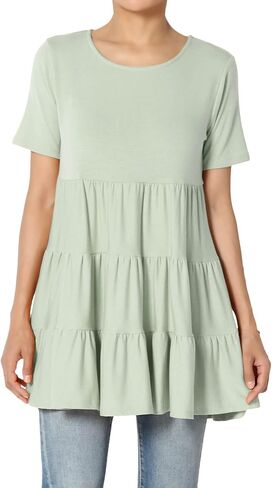 TheMogan Women's Casual Cute Ruffle Babydoll T-Shirt – Soft Knit Short Sleeve Relaxed Tiered Tunic for Weekend in Kuwait