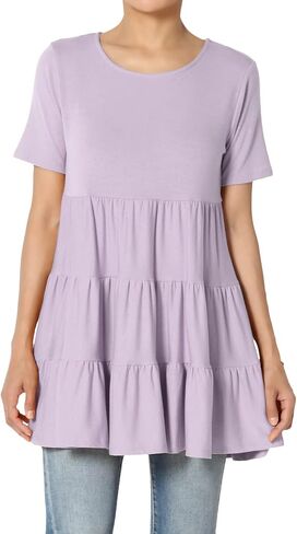 TheMogan Women's Casual Cute Ruffle Babydoll T-Shirt – Soft Knit Short Sleeve Relaxed Tiered Tunic for Weekend in Kuwait