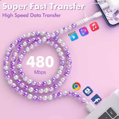 Coolden USB C Cable for iPhone Charger Cord 2 in 1 Multi Charging Cable Cute Beaded for Girls Women USB A to USB C to Phone Fast Charger Cable for iPhone 16 Pro Max,Galaxy S25 Ultra,iPad 10th Gen Pink in Kuwait