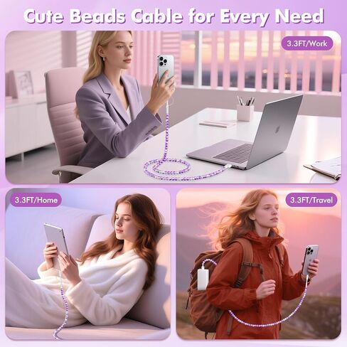 Coolden USB C Cable for iPhone Charger Cord 2 in 1 Multi Charging Cable Cute Beaded for Girls Women USB A to USB C to Phone Fast Charger Cable for iPhone 16 Pro Max,Galaxy S25 Ultra,iPad 10th Gen Pink in Kuwait
