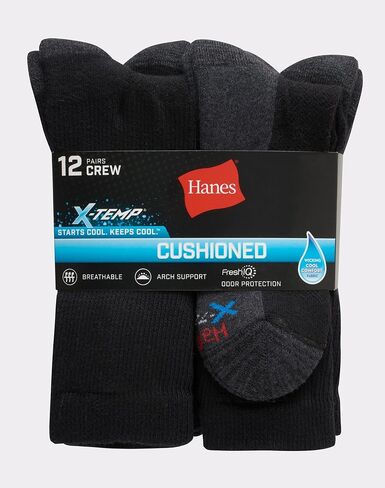 Hanes Mens Cushioned X-Temp Crew Socks 12-Pair Pair ، 6-12 ، Black in Saudi Arabia