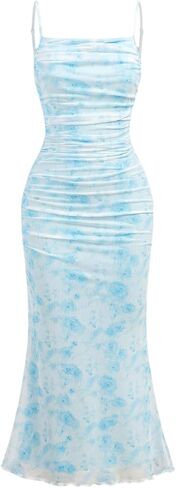 Wdirara Girl's Floral Print Square Neck Mesh Alcyfeless Ruched Cami Dress Party Bodycon Dresses in Kuwait