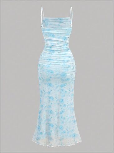 Wdirara Girl's Floral Print Square Neck Mesh Alcyfeless Ruched Cami Dress Party Bodycon Dresses in Kuwait
