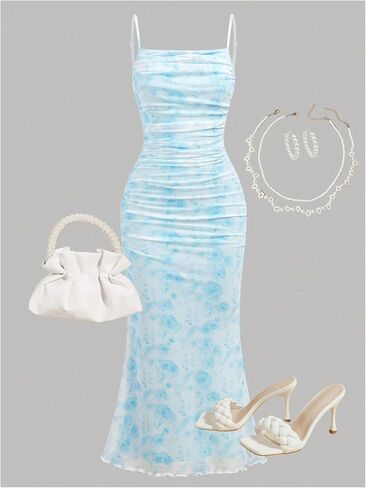 Wdirara Girl's Floral Print Square Neck Mesh Alcyfeless Ruched Cami Dress Party Bodycon Dresses in Kuwait