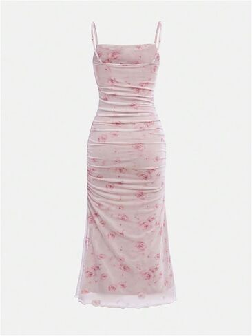 Wdirara Girl's Floral Print Square Neck Mesh Alcyfeless Ruched Cami Dress Party Bodycon Dresses in Kuwait