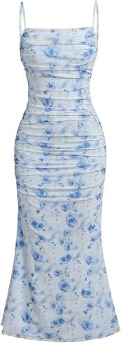 Wdirara Girl's Floral Print Square Neck Mesh Alcyfeless Ruched Cami Dress Party Bodycon Dresses in Kuwait