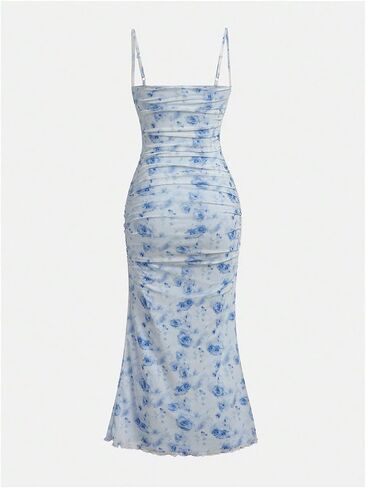 Wdirara Girl's Floral Print Square Neck Mesh Alcyfeless Ruched Cami Dress Party Bodycon Dresses in Kuwait