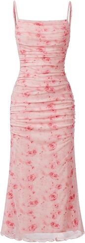 Wdirara Girl's Floral Print Square Neck Mesh Alcyfeless Ruched Cami Dress Party Bodycon Dresses in Saudi Arabia