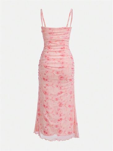 Wdirara Girl's Floral Print Square Neck Mesh Alcyfeless Ruched Cami Dress Party Bodycon Dresses in Saudi Arabia