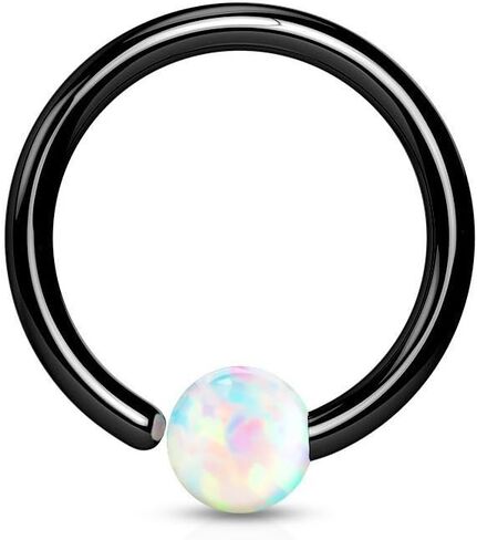 Covet Jewelry Black 316L Surgical Steel White Opal Ball Fixed On End Hoop Ring in Saudi Arabia